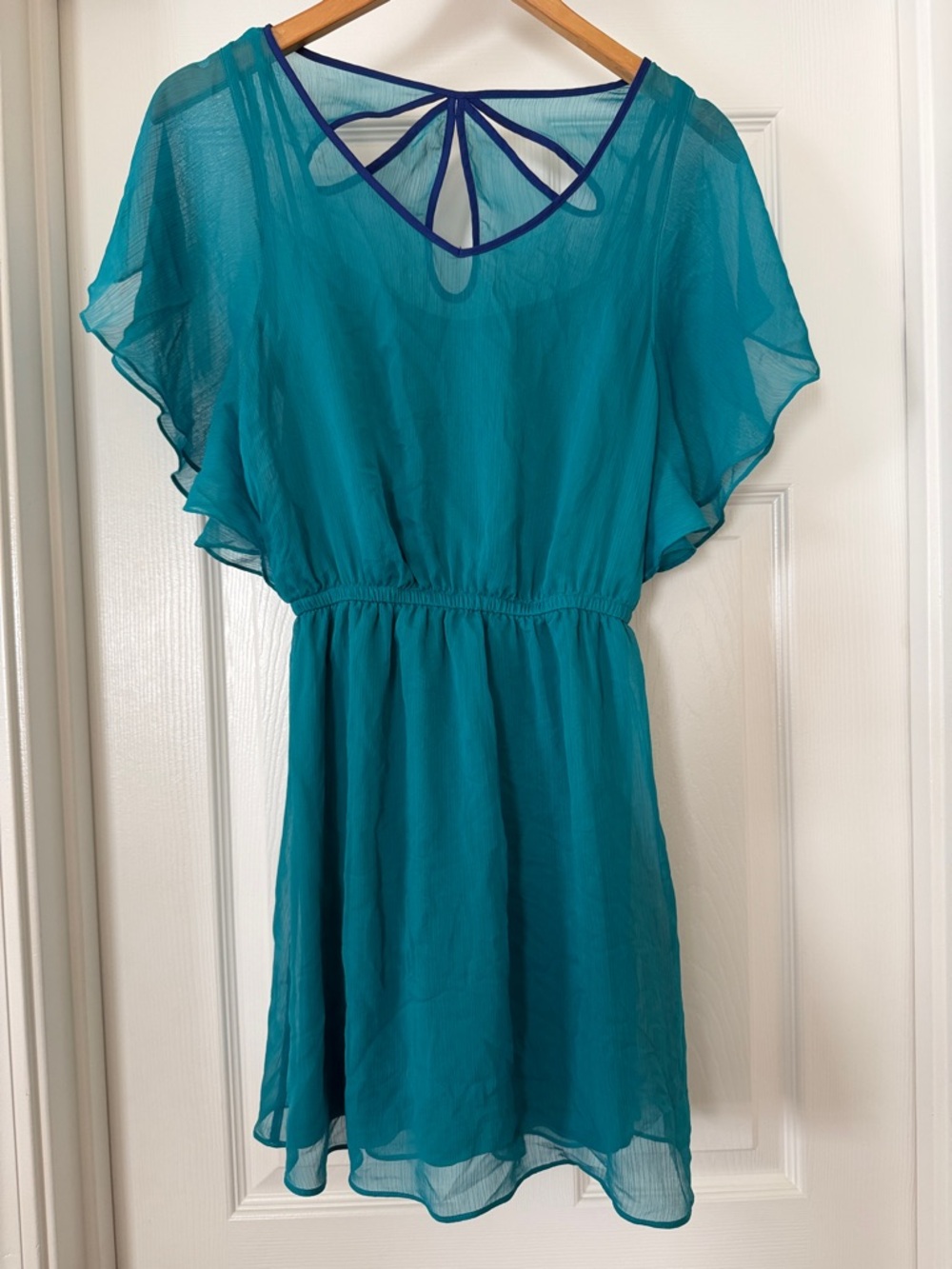 Express XS Turquoise Chiffon A-Line Dress with Strappy Back